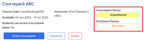 coursepak status is displayed at the right side